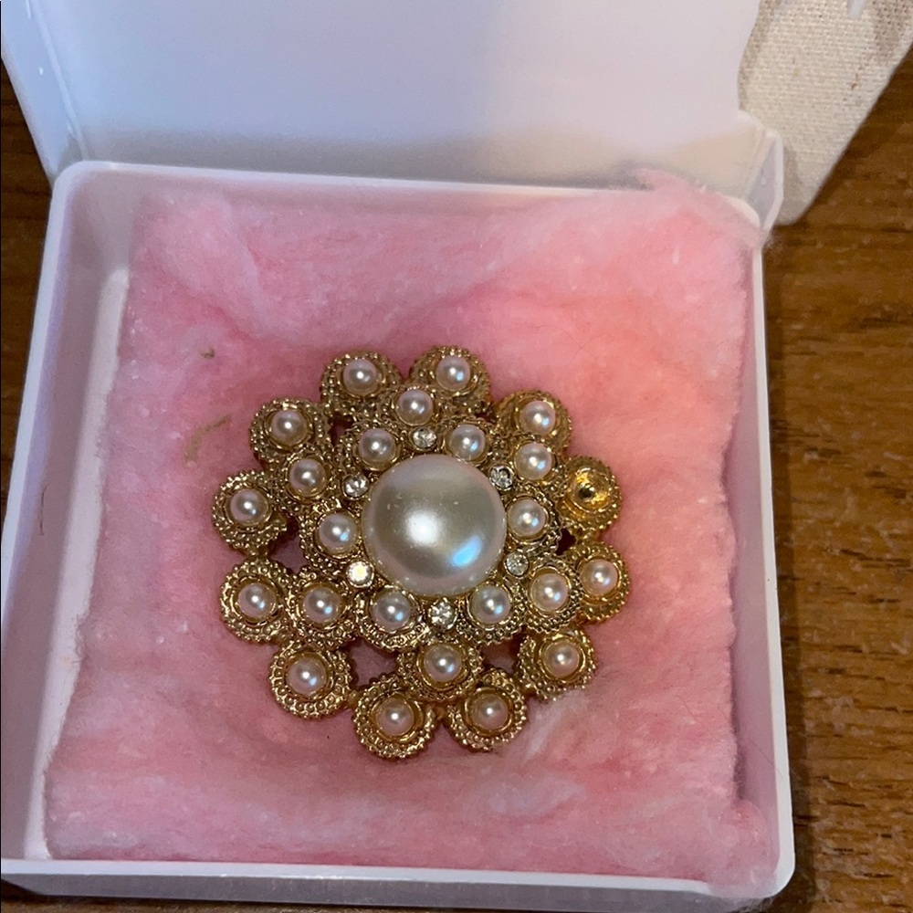Elegant Gold and Pearl Sarah Cov Brooch in a Hermes plastic box